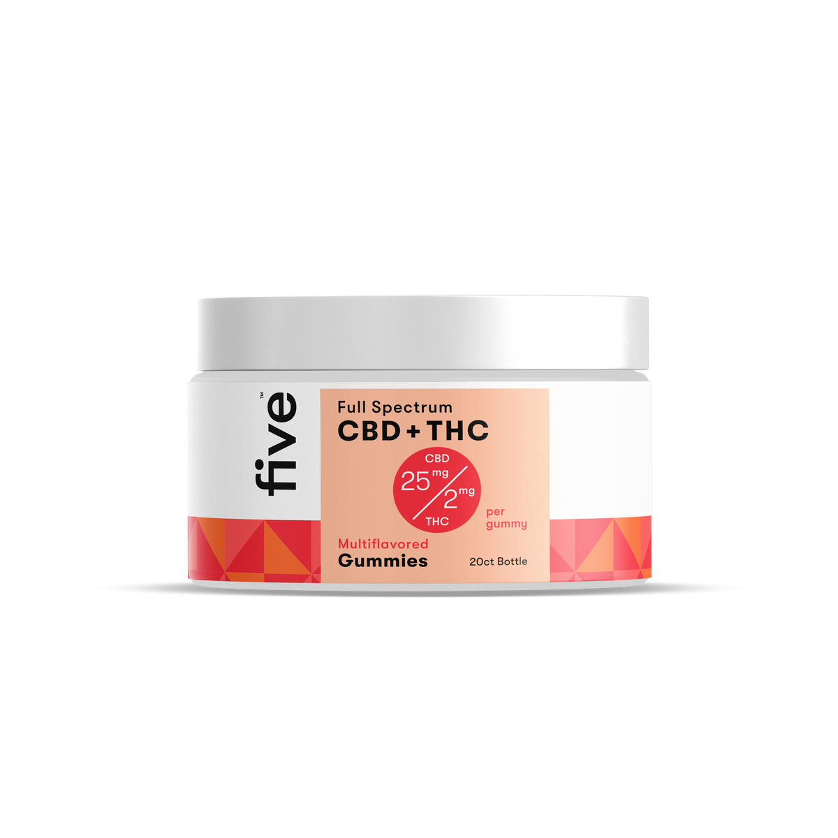 Front view of Full Spectrum CBD + THC Gummies 20-count jar showing the product label and an orange gummy on a white background