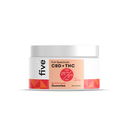 Front view of Full Spectrum CBD + THC gummies jar showing 25 mg CBD / 2 mg THC per gummy, multiflavored 20 ct on black background