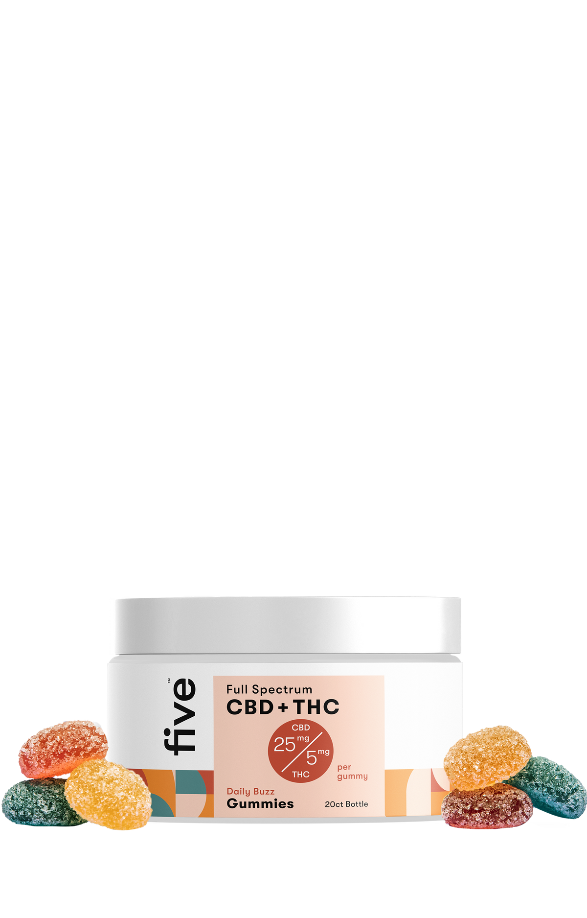 Front view of Five Full Spectrum CBD and THC gummies jar labeled 25 mg CBD, 5 mg THC with multicolored sugar-coated gummies