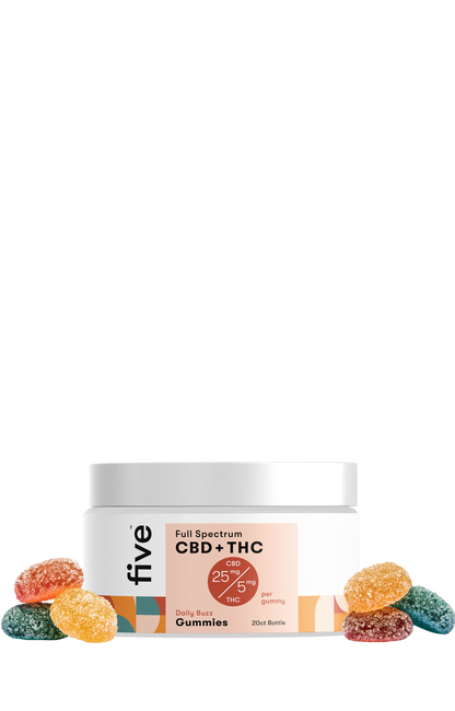 Front view of Five Full Spectrum CBD and THC gummies jar labeled 25 mg CBD, 5 mg THC with multicolored sugar-coated gummies