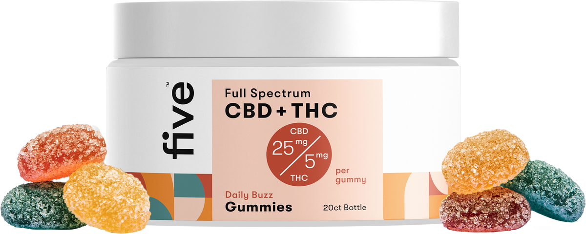 Front of Daily Buzz Full Spectrum gummies jar showing label CBD 25 mg and THC 5 mg with multicolored sugar coated gummies