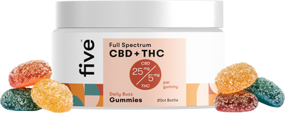 Front of Daily Buzz Full Spectrum gummies jar showing label CBD 25 mg and THC 5 mg with multicolored sugar coated gummies