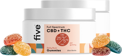 Front view of Daily Buzz Gummies jar showing Full Spectrum CBD and THC label and 25 mg CBD and 5 mg THC with sugared gummies
