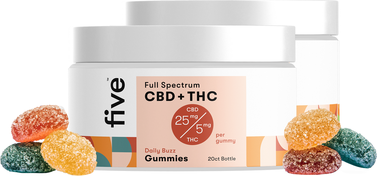 Front view of Daily Buzz Full Spectrum gummies jar showing 25 mg CBD and 5 mg THC per gummy with gummies on white background