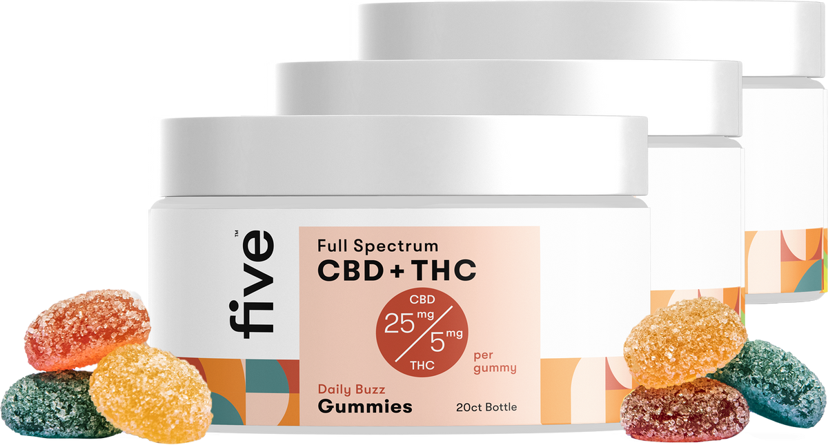 Front view of Daily Buzz CBD and THC gummies jar showing 25 mg CBD and 5 mg THC per gummy with sugar coated gummies