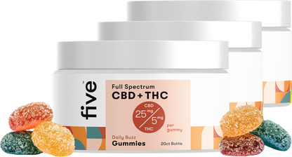 Front view of Daily Buzz CBD and THC gummies jar showing 25 mg CBD and 5 mg THC per gummy with sugar coated gummies