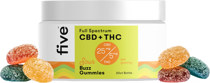 Container of Full Spectrum CBD + THC Sour Buzz Gummies with label showing 25mg CBD and 5mg THC per gummy, surrounded by colorful sugar-coated gummies.