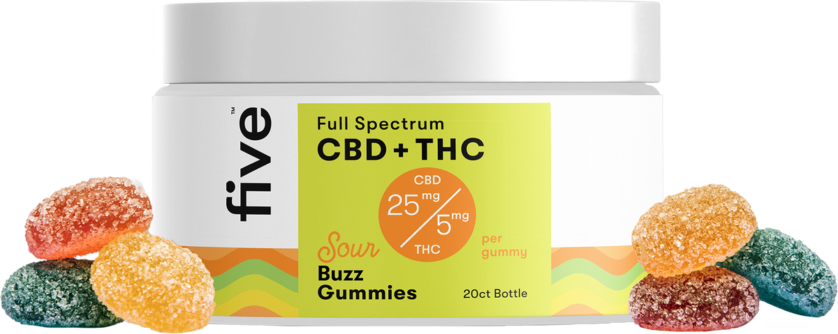 Front view of Sour Buzz gummies jar labeled Full Spectrum CBD and THC 25 mg CBD, 5 mg THC with sugared gummies