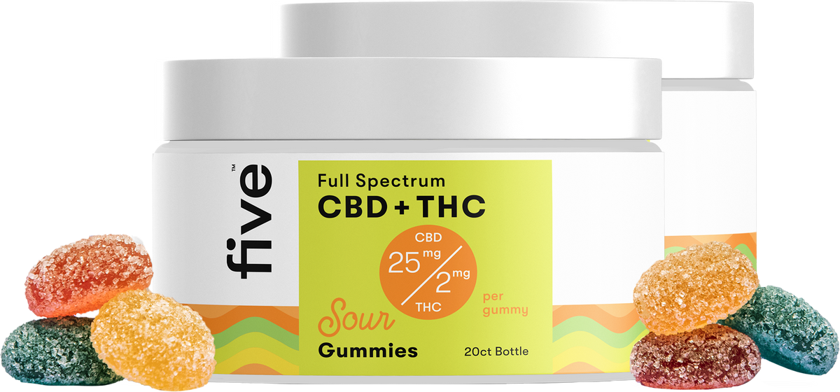 Two white jars labeled 'five Full Spectrum CBD + THC Sour Gummies 25mg CBD 2mg THC per gummy 20ct Bottle' with colorful gummies around them