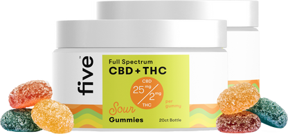 Jar of Full Spectrum CBD + THC gummies labeled 'five', 'Full Spectrum CBD + THC', 'CBD 25mg', 'THC 2mg', 'Sour Gummies', '20ct Bottle' with colorful sugar-coated gummies around it