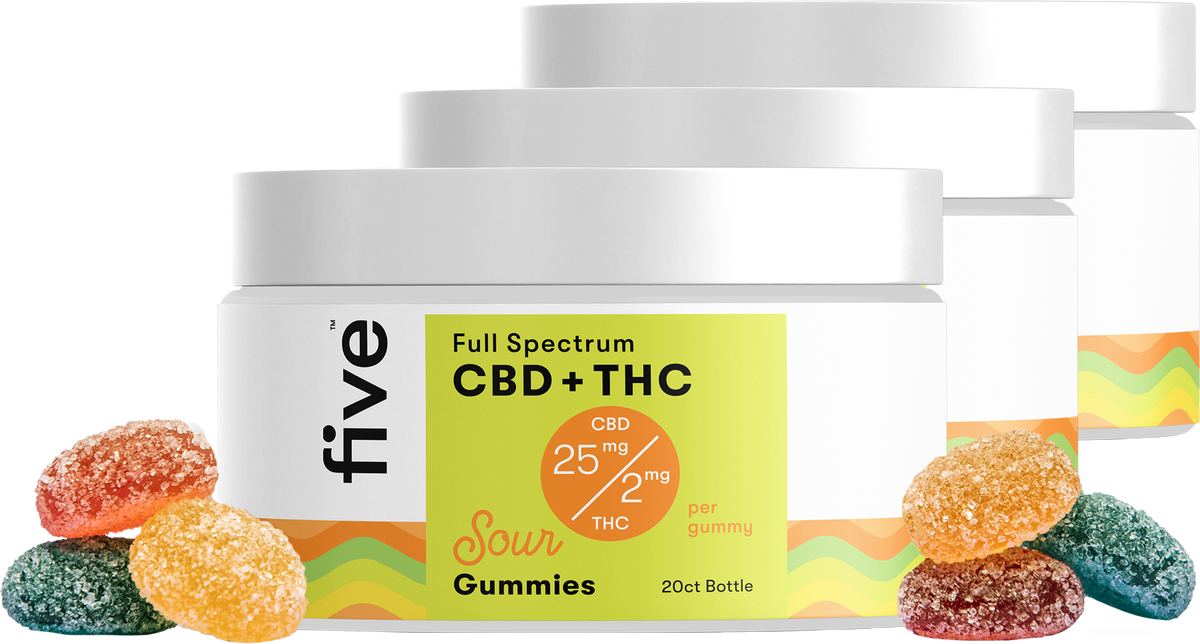 Front view of Full Spectrum CBD+THC sour gummies 20ct jar with label 25 mg CBD 2 mg THC per gummy and sugar-coated gummies
