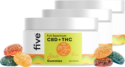 Front of Full Spectrum CBD+THC 20ct sour gummies jar showing label CBD 25 mg / THC 2 mg per gummy with sugar-coated pieces