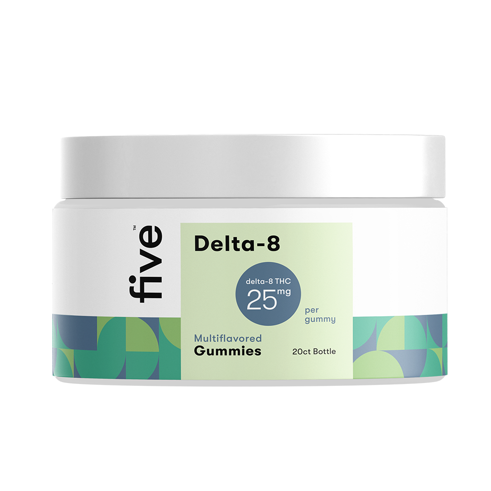 Front view of Delta-8 gummies jar showing 25 mg per gummy label and 20 ct count on white background