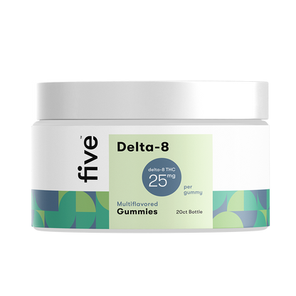 Front view of Delta-8 gummies jar showing 25 mg per gummy label and 20 ct count on white background
