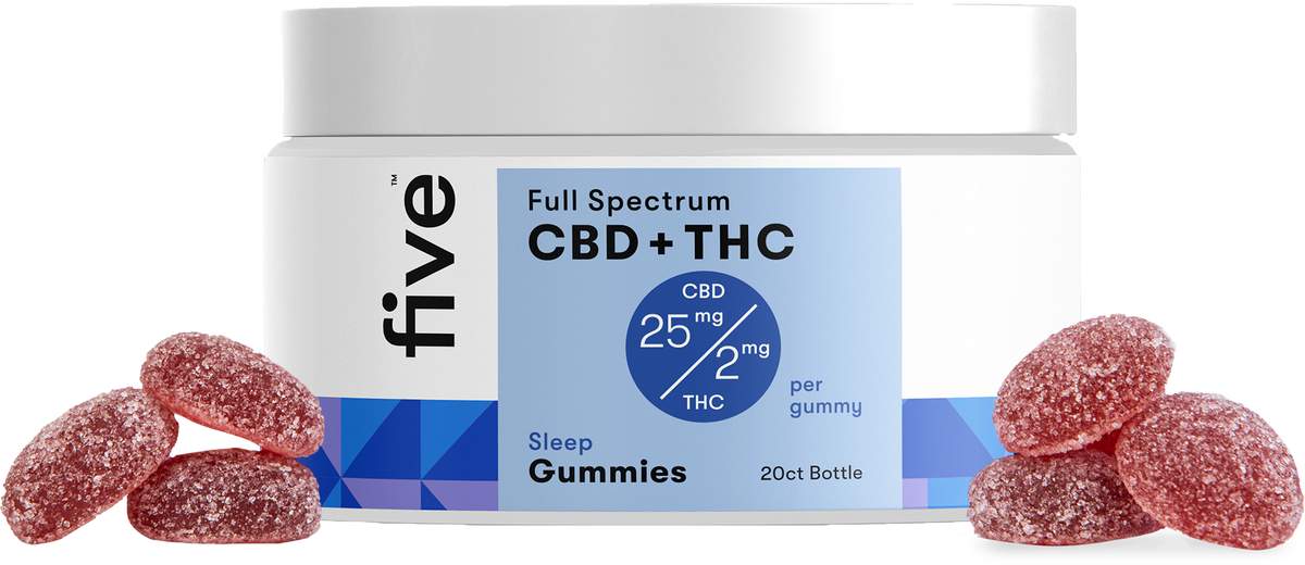 Front view of Full Spectrum CBD+THC Sleep Gummies jar showing label 'CBD 25 mg / THC 2 mg' with sugar-coated red gummies beside it