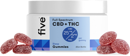 Front view of Five Sleep Gummies jar labeled 'Full Spectrum CBD+THC' 25 mg CBD/2 mg THC with red sugar-coated gummies
