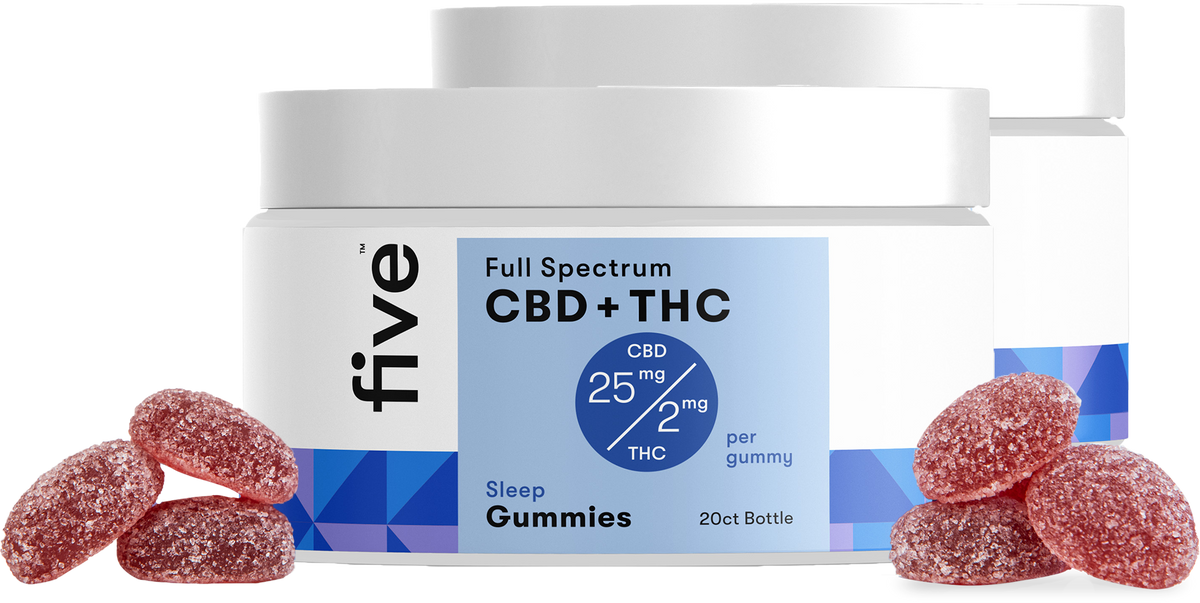 Front view of Five Sleep Gummies jar labeled Full Spectrum CBD+THC, 25 mg CBD / 2 mg THC, with sugar-coated gummies