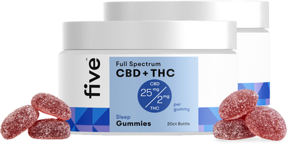 Front of Sleep Gummies jar showing Full Spectrum CBD+THC label, CBD 25 mg and THC 2 mg per gummy, red sugar-coated gummies