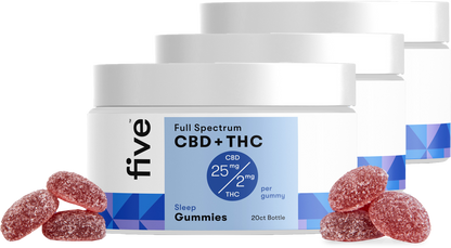 Front view of Sleep Gummies jar showing Full Spectrum CBD and THC label, CBD 25 mg, THC 2 mg, three gummies