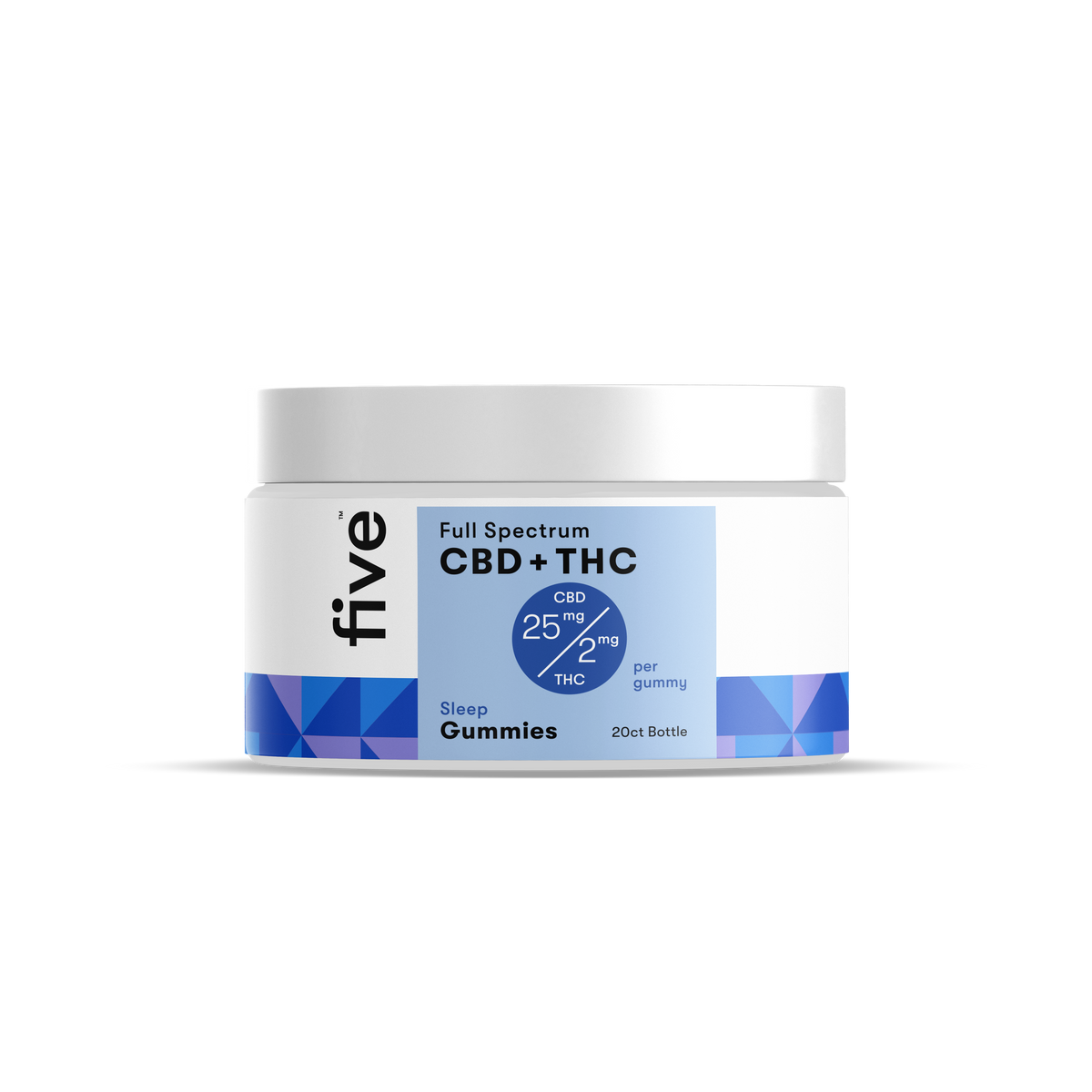 Front of 20 ct Full Spectrum CBD and THC Sleep Gummies jar showing label 25 mg CBD, 2 mg THC per gummy on black background