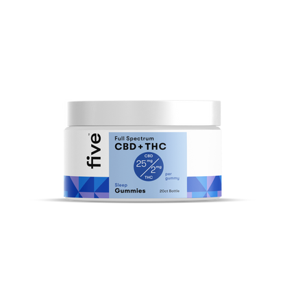 Front of 20 ct Full Spectrum CBD and THC Sleep Gummies jar showing label 25 mg CBD, 2 mg THC per gummy on black background