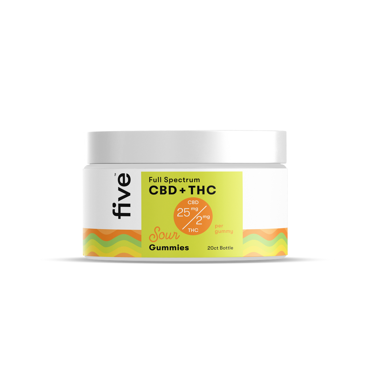 Front view of Five Sour Gummies jar with Full Spectrum CBD+THC label, 25 mg CBD and 2 mg THC per gummy