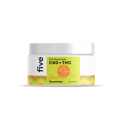 Front view of Five Sour Gummies jar with Full Spectrum CBD+THC label, 25 mg CBD and 2 mg THC per gummy